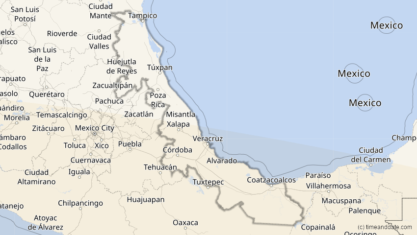 A map of Veracruz, Mexiko, showing the path of the 12. Sep 2034 Ringförmige Sonnenfinsternis