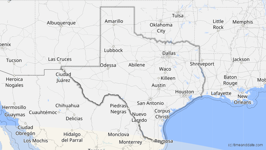 A map of Texas, USA, showing the path of the 12. Sep 2034 Ringförmige Sonnenfinsternis