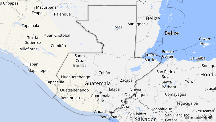 A map of Guatemala, showing the path of the 9. Mär 2035 Ringförmige Sonnenfinsternis
