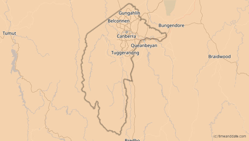 A map of Australian Capital Territory, Australien, showing the path of the 10. Mär 2035 Ringförmige Sonnenfinsternis