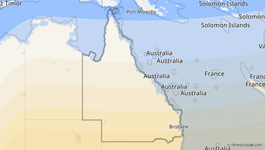 A map of Queensland, Australien, showing the path of the 10. Mär 2035 Ringförmige Sonnenfinsternis