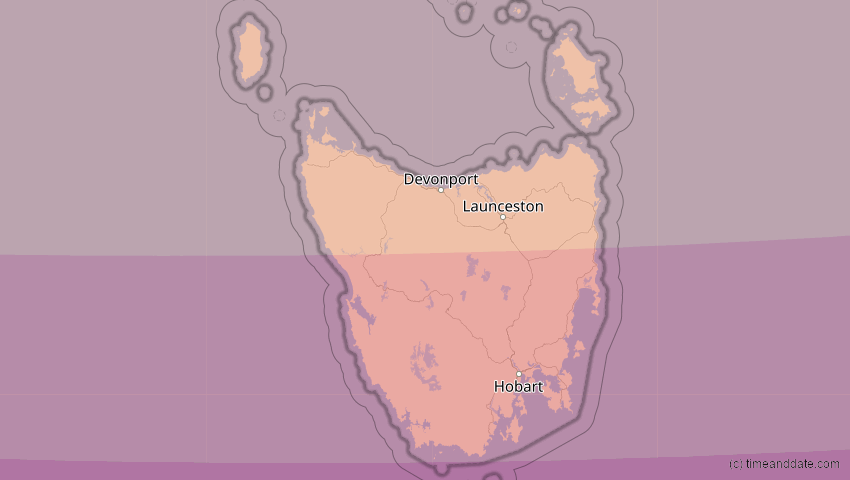 A map of Tasmanien, Australien, showing the path of the 10. Mär 2035 Ringförmige Sonnenfinsternis