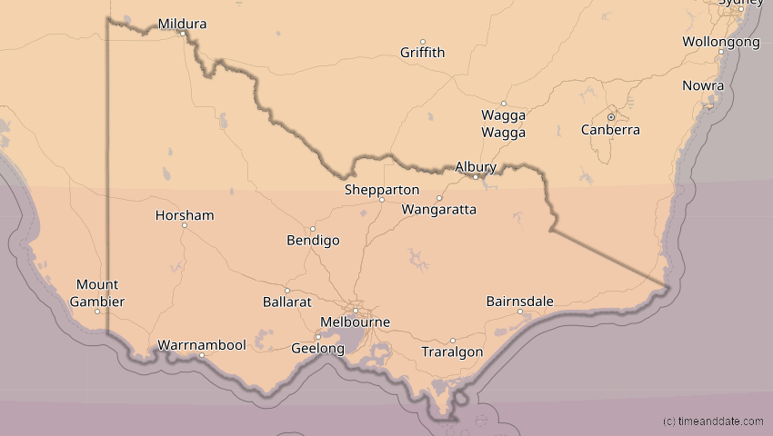 A map of Victoria, Australien, showing the path of the 10. Mär 2035 Ringförmige Sonnenfinsternis