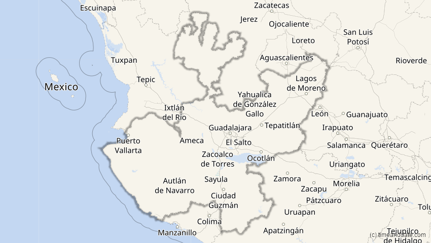 A map of Jalisco, Mexiko, showing the path of the 9. Mär 2035 Ringförmige Sonnenfinsternis