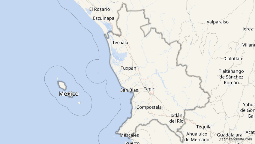 A map of Nayarit, Mexiko, showing the path of the 9. Mär 2035 Ringförmige Sonnenfinsternis