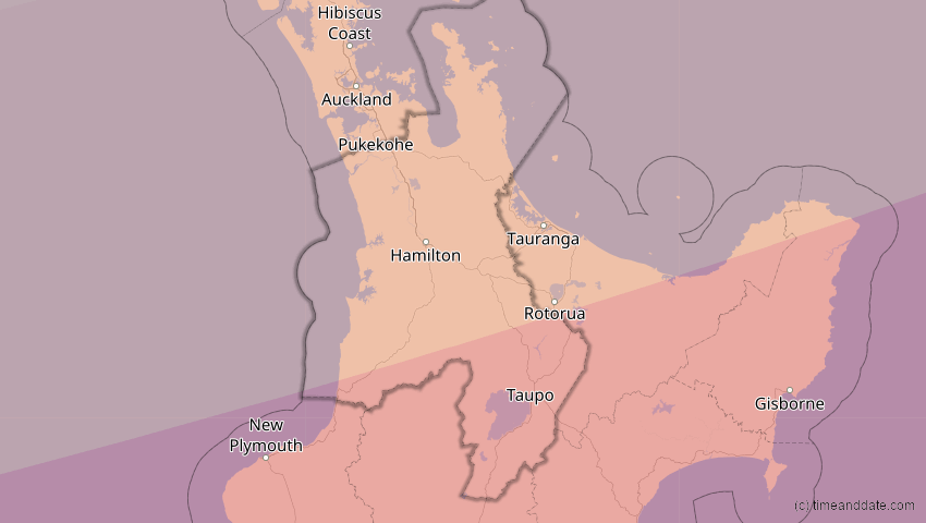 A map of Waikato, Neuseeland, showing the path of the 10. Mär 2035 Ringförmige Sonnenfinsternis