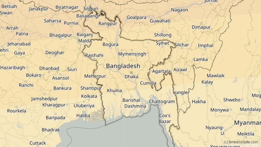 A map of Bangladesch, showing the path of the 2. Sep 2035 Totale Sonnenfinsternis
