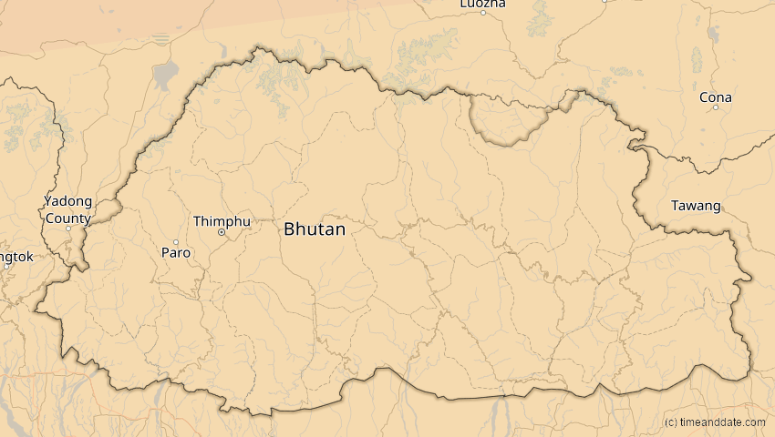 A map of Bhutan, showing the path of the 2. Sep 2035 Totale Sonnenfinsternis