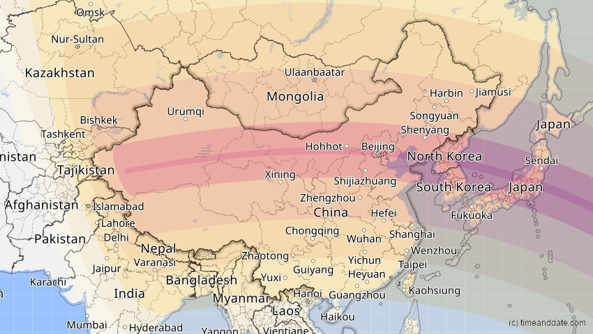 A map of China, showing the path of the 2. Sep 2035 Totale Sonnenfinsternis