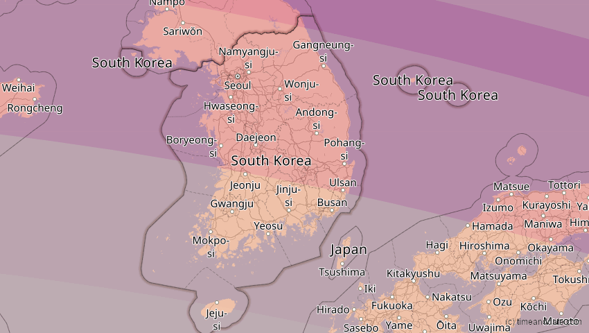 A map of Südkorea, showing the path of the 2. Sep 2035 Totale Sonnenfinsternis