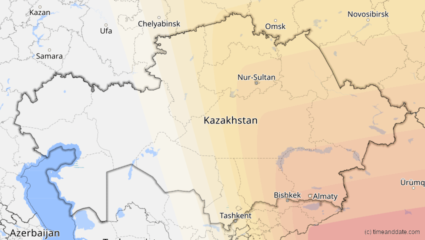 A map of Kasachstan, showing the path of the 2. Sep 2035 Totale Sonnenfinsternis