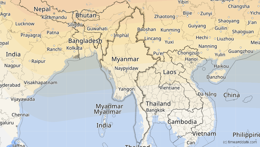 A map of Myanmar, showing the path of the 2. Sep 2035 Totale Sonnenfinsternis