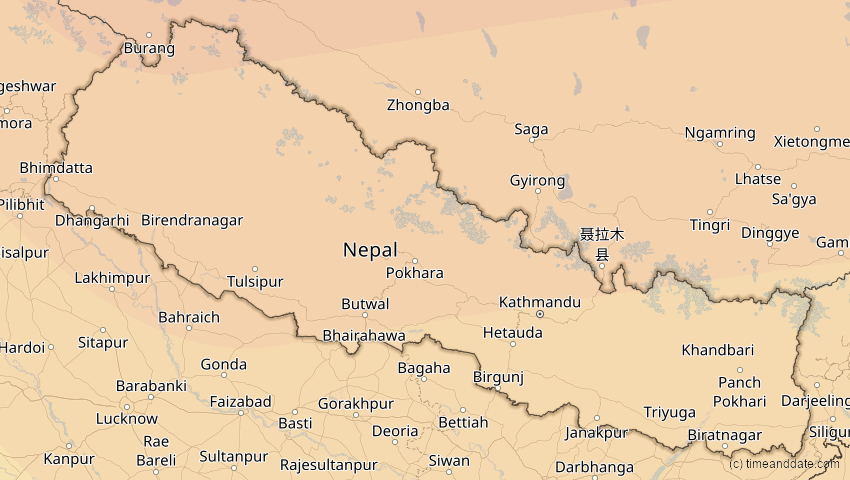 A map of Nepal, showing the path of the 2. Sep 2035 Totale Sonnenfinsternis