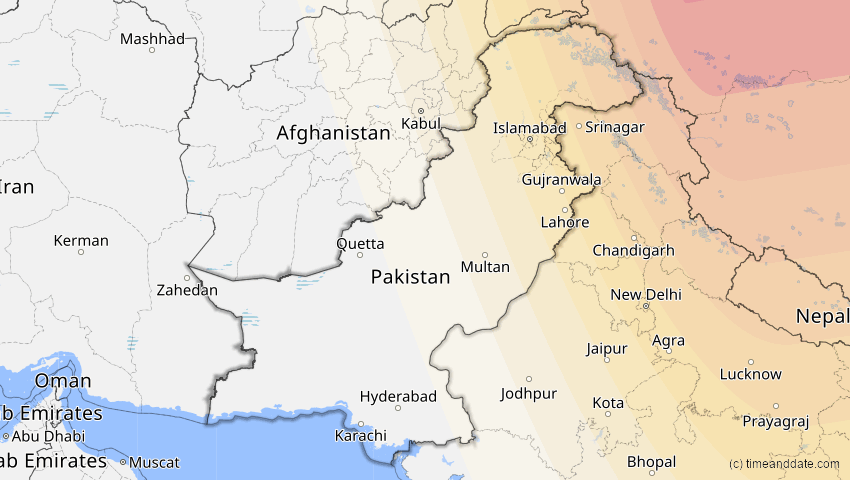A map of Pakistan, showing the path of the 2. Sep 2035 Totale Sonnenfinsternis