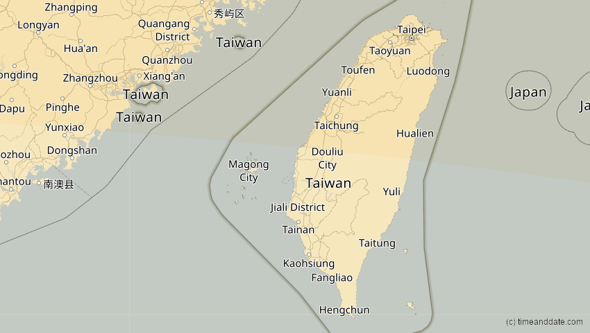 A map of Taiwan, showing the path of the 2. Sep 2035 Totale Sonnenfinsternis