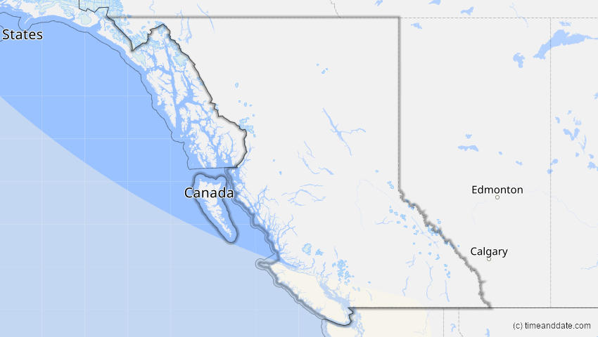 A map of British Columbia, Kanada, showing the path of the 1. Sep 2035 Totale Sonnenfinsternis