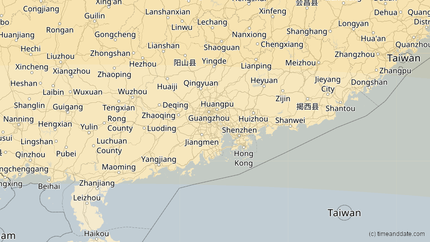 A map of Guangdong, China, showing the path of the 2. Sep 2035 Totale Sonnenfinsternis