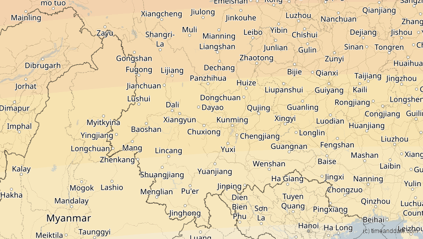 A map of Yunnan, China, showing the path of the 2. Sep 2035 Totale Sonnenfinsternis