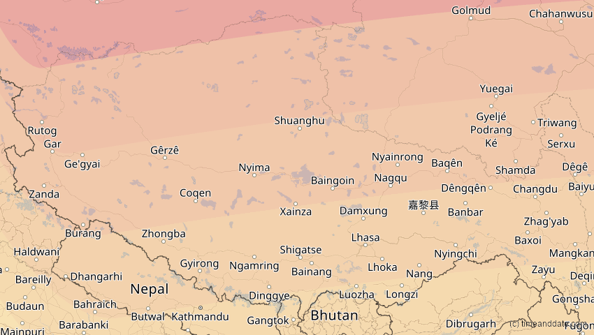 A map of Tibet, China, showing the path of the 2. Sep 2035 Totale Sonnenfinsternis