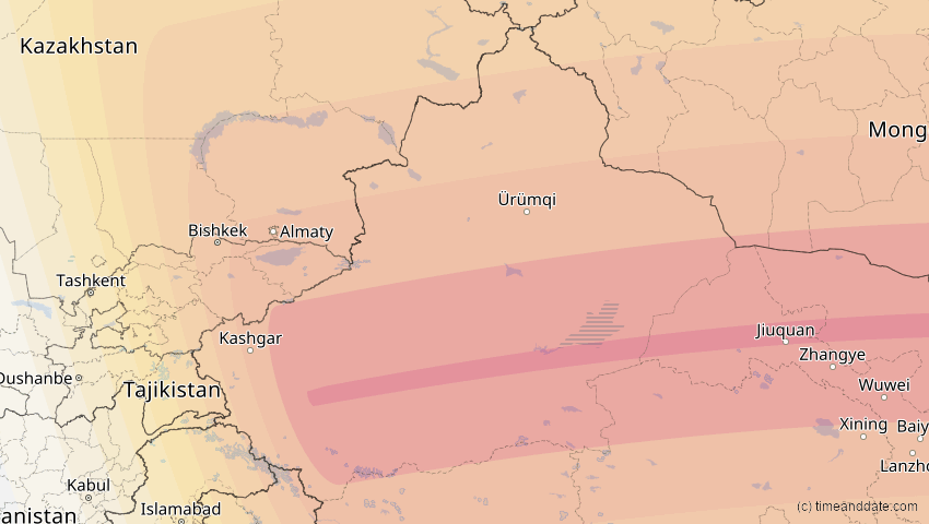 A map of Xinjiang, China, showing the path of the 2. Sep 2035 Totale Sonnenfinsternis