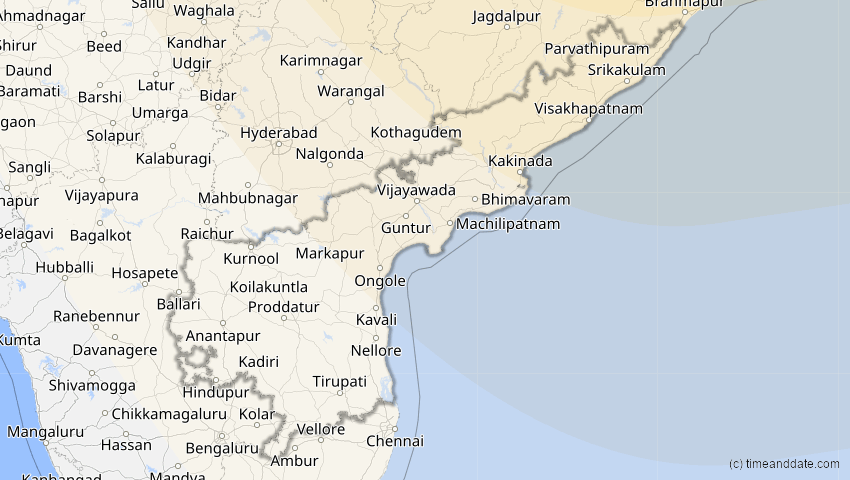 A map of Andhra Pradesh, Indien, showing the path of the 2. Sep 2035 Totale Sonnenfinsternis