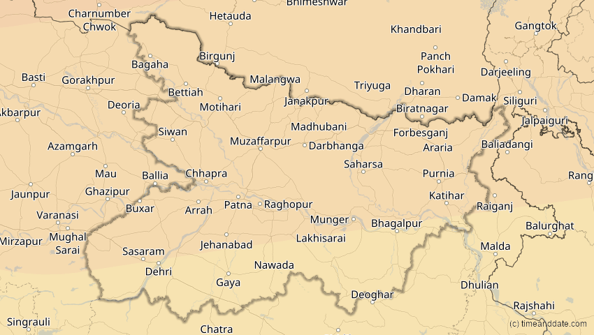 A map of Bihar, Indien, showing the path of the 2. Sep 2035 Totale Sonnenfinsternis