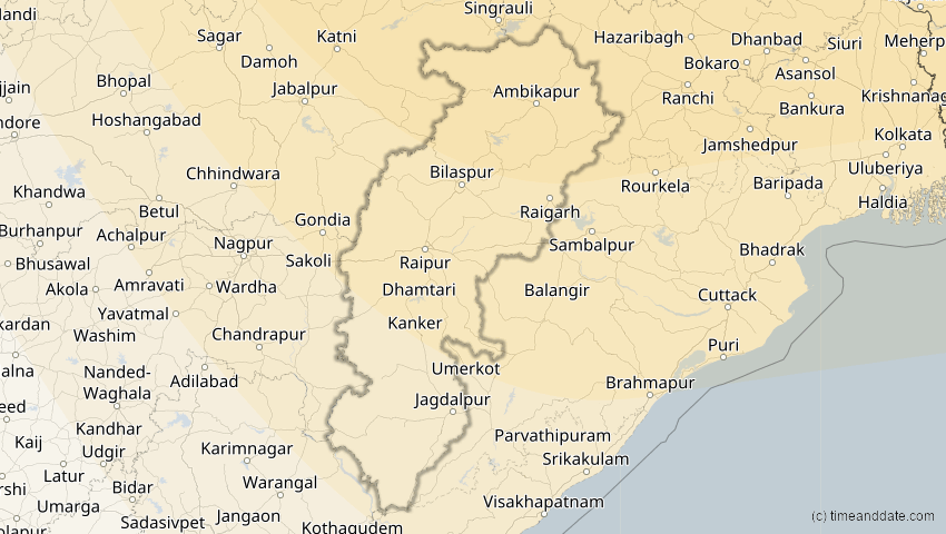 A map of Chhattisgarh, Indien, showing the path of the 2. Sep 2035 Totale Sonnenfinsternis