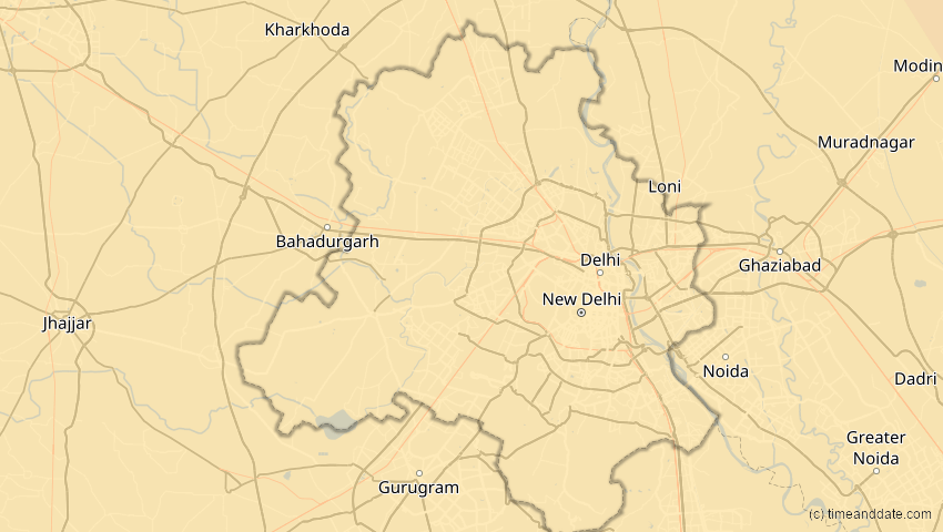 A map of Delhi, Indien, showing the path of the 2. Sep 2035 Totale Sonnenfinsternis