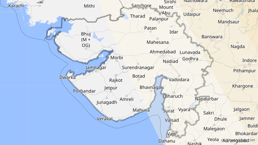 A map of Gujarat, Indien, showing the path of the 2. Sep 2035 Totale Sonnenfinsternis