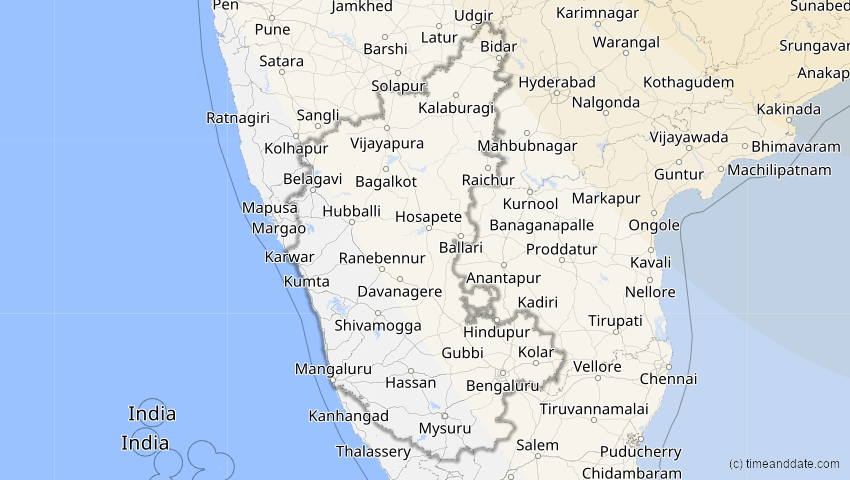 A map of Karnataka, Indien, showing the path of the 2. Sep 2035 Totale Sonnenfinsternis