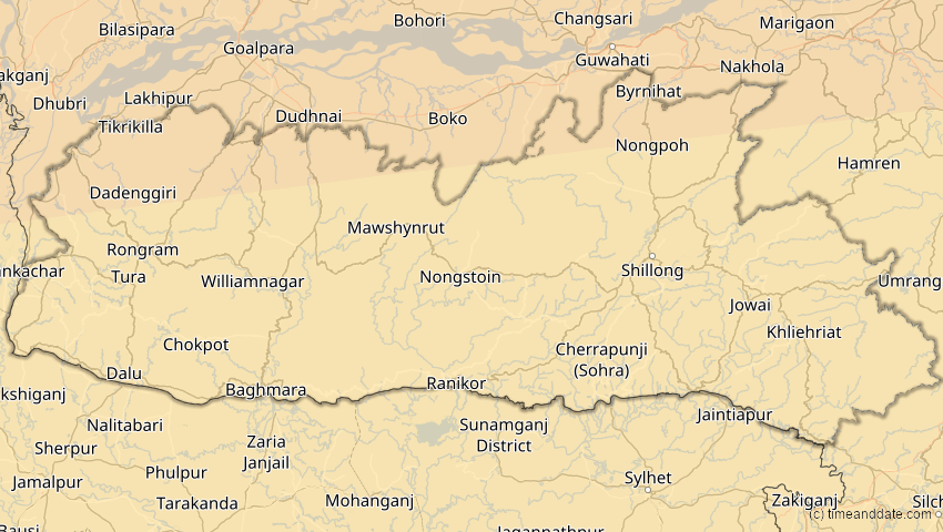 A map of Meghalaya, Indien, showing the path of the 2. Sep 2035 Totale Sonnenfinsternis