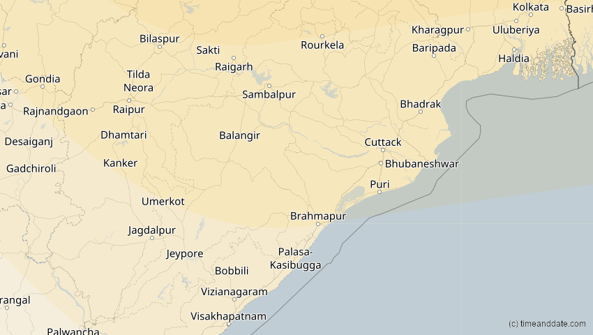 A map of Odisha, Indien, showing the path of the 2. Sep 2035 Totale Sonnenfinsternis