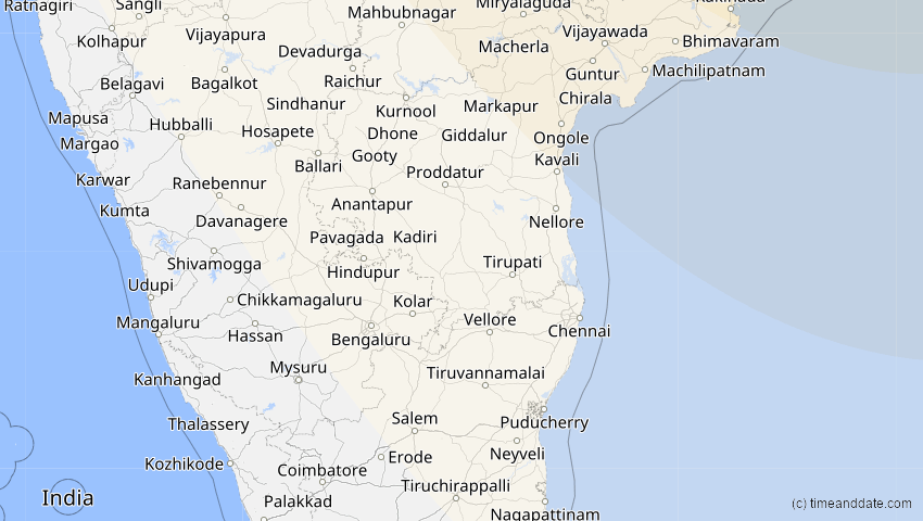 A map of Pondicherry, Indien, showing the path of the 2. Sep 2035 Totale Sonnenfinsternis