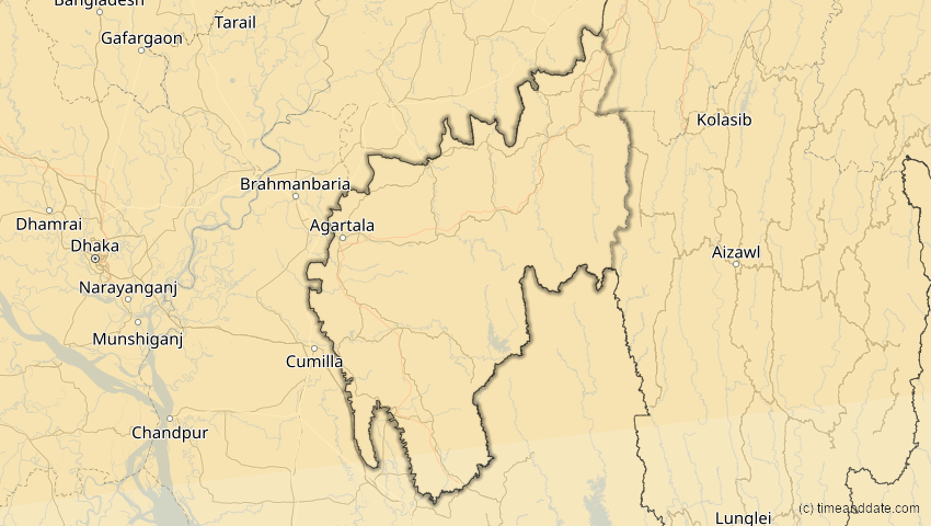A map of Tripura, Indien, showing the path of the 2. Sep 2035 Totale Sonnenfinsternis