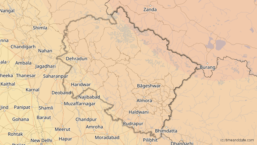 A map of Uttarakhand, Indien, showing the path of the 2. Sep 2035 Totale Sonnenfinsternis