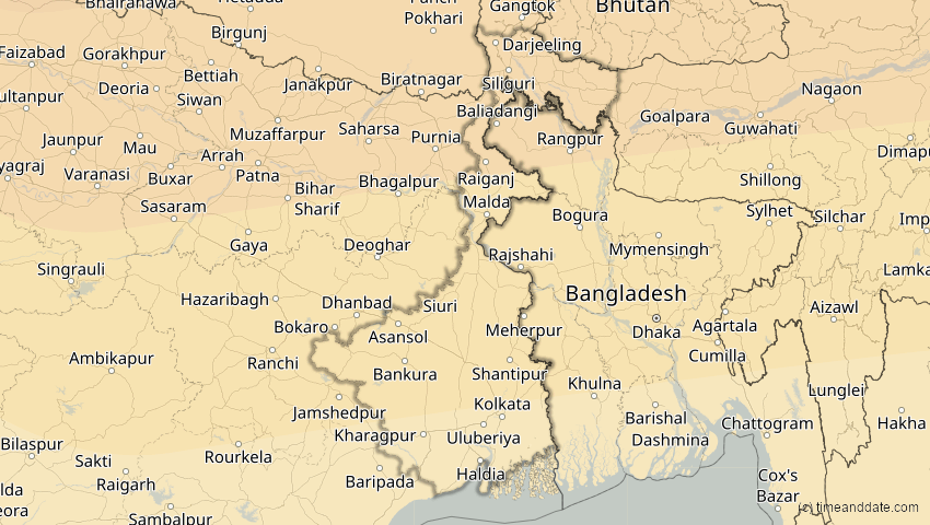 A map of Westbengalen, Indien, showing the path of the 2. Sep 2035 Totale Sonnenfinsternis
