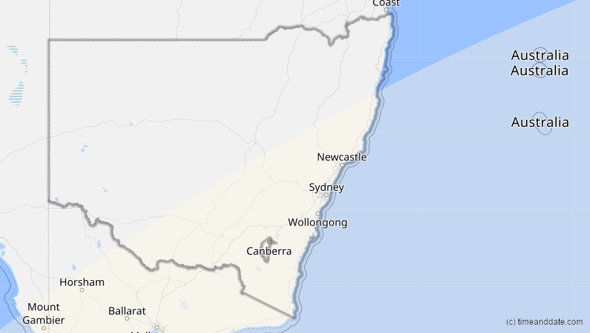 A map of New South Wales, Australien, showing the path of the 27. Feb 2036 Partielle Sonnenfinsternis