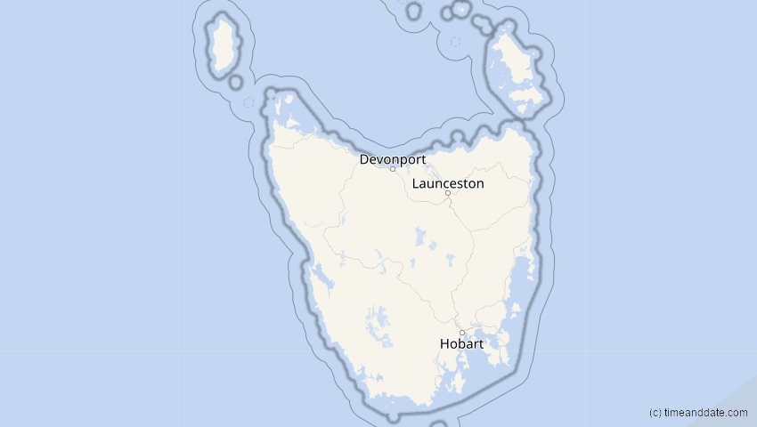 A map of Tasmanien, Australien, showing the path of the 27. Feb 2036 Partielle Sonnenfinsternis