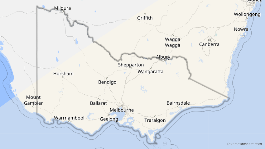 A map of Victoria, Australien, showing the path of the 27. Feb 2036 Partielle Sonnenfinsternis