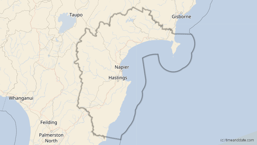 A map of Hawke's Bay, Neuseeland, showing the path of the 27. Feb 2036 Partielle Sonnenfinsternis