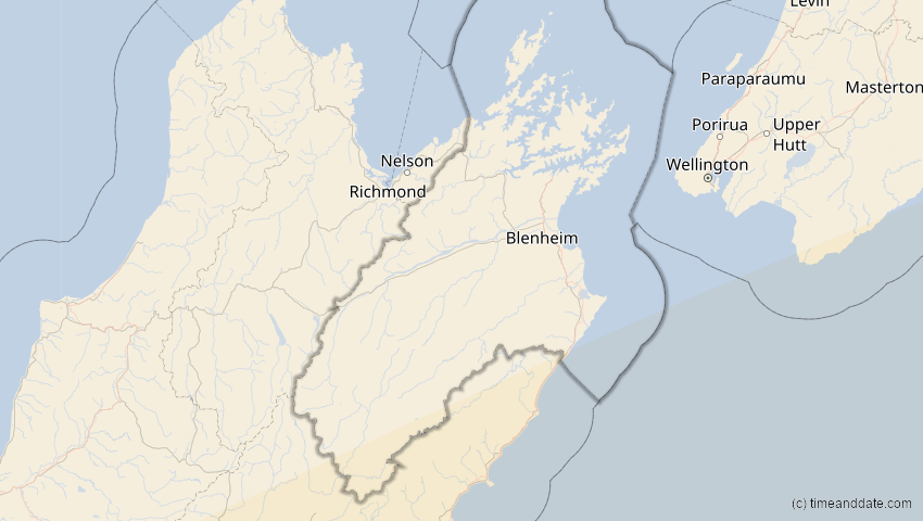 A map of Marlborough, Neuseeland, showing the path of the 27. Feb 2036 Partielle Sonnenfinsternis