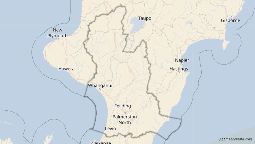 A map of Manawatu-Whanganui, Neuseeland, showing the path of the 27. Feb 2036 Partielle Sonnenfinsternis