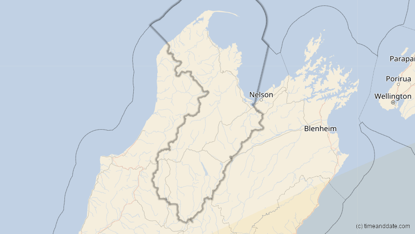 A map of Tasman, Neuseeland, showing the path of the 27. Feb 2036 Partielle Sonnenfinsternis