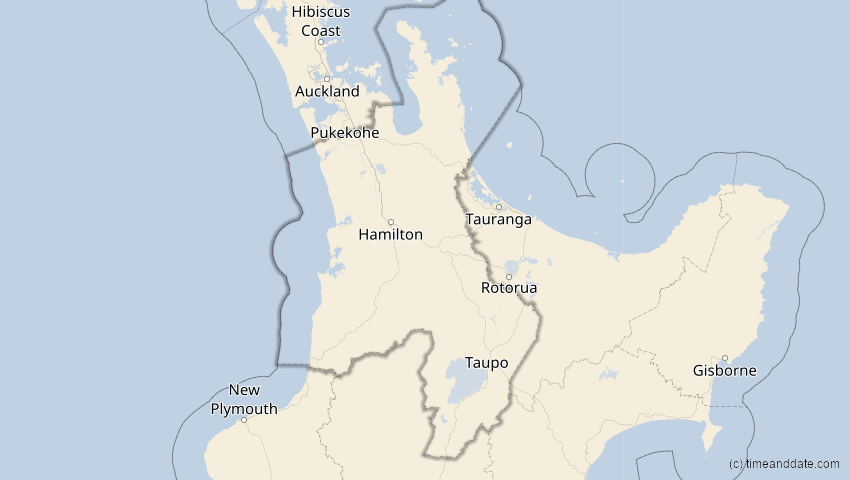 A map of Waikato, Neuseeland, showing the path of the 27. Feb 2036 Partielle Sonnenfinsternis