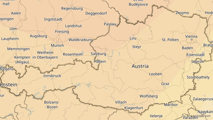 A map of Österreich, showing the path of the 21. Aug 2036 Partielle Sonnenfinsternis