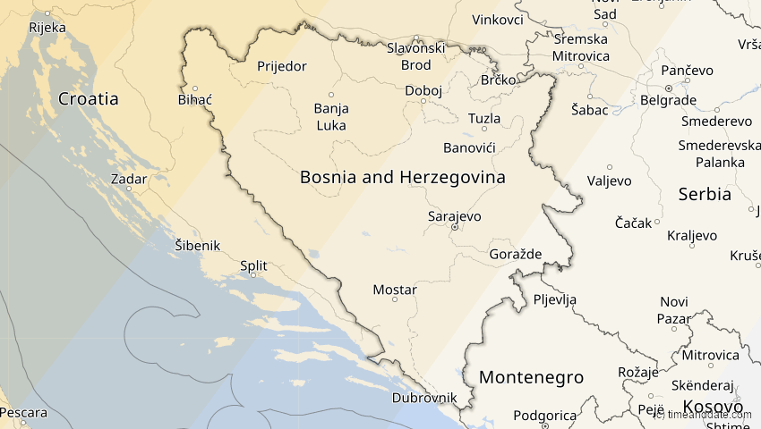 A map of Bosnien und Herzegowina, showing the path of the 21. Aug 2036 Partielle Sonnenfinsternis