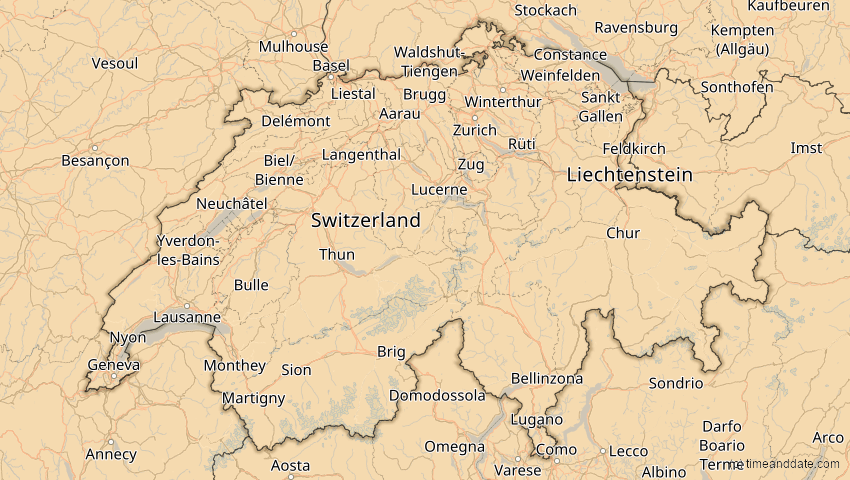 A map of Schweiz, showing the path of the 21. Aug 2036 Partielle Sonnenfinsternis