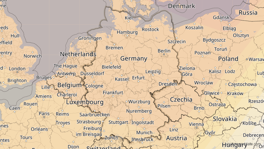 A map of Deutschland, showing the path of the 21. Aug 2036 Partielle Sonnenfinsternis