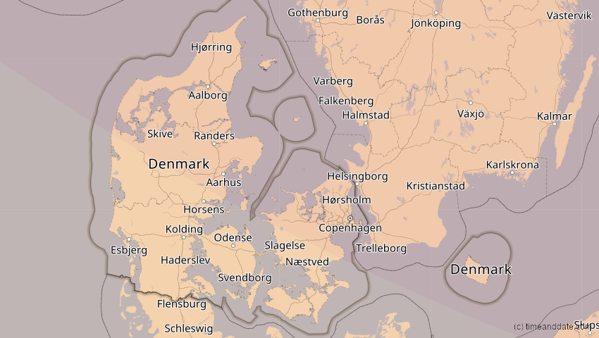 A map of Dänemark, showing the path of the 21. Aug 2036 Partielle Sonnenfinsternis