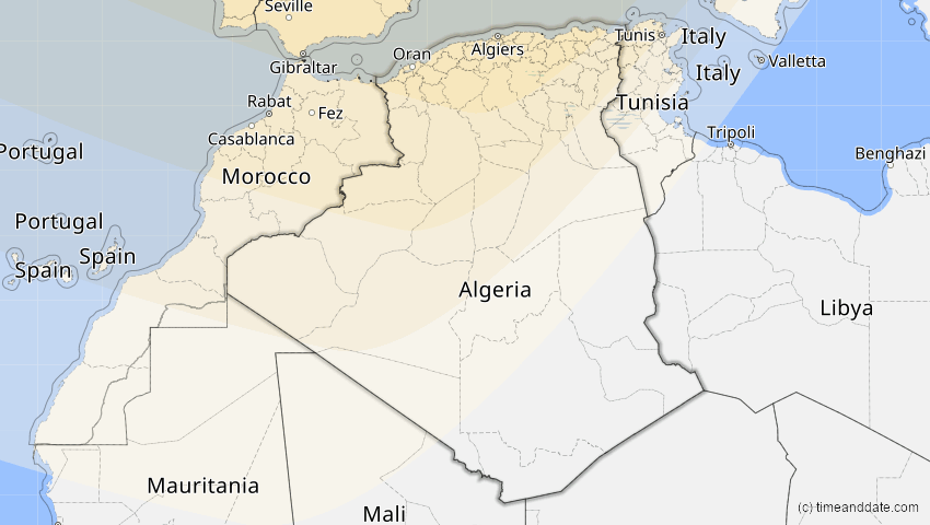 A map of Algerien, showing the path of the 21. Aug 2036 Partielle Sonnenfinsternis
